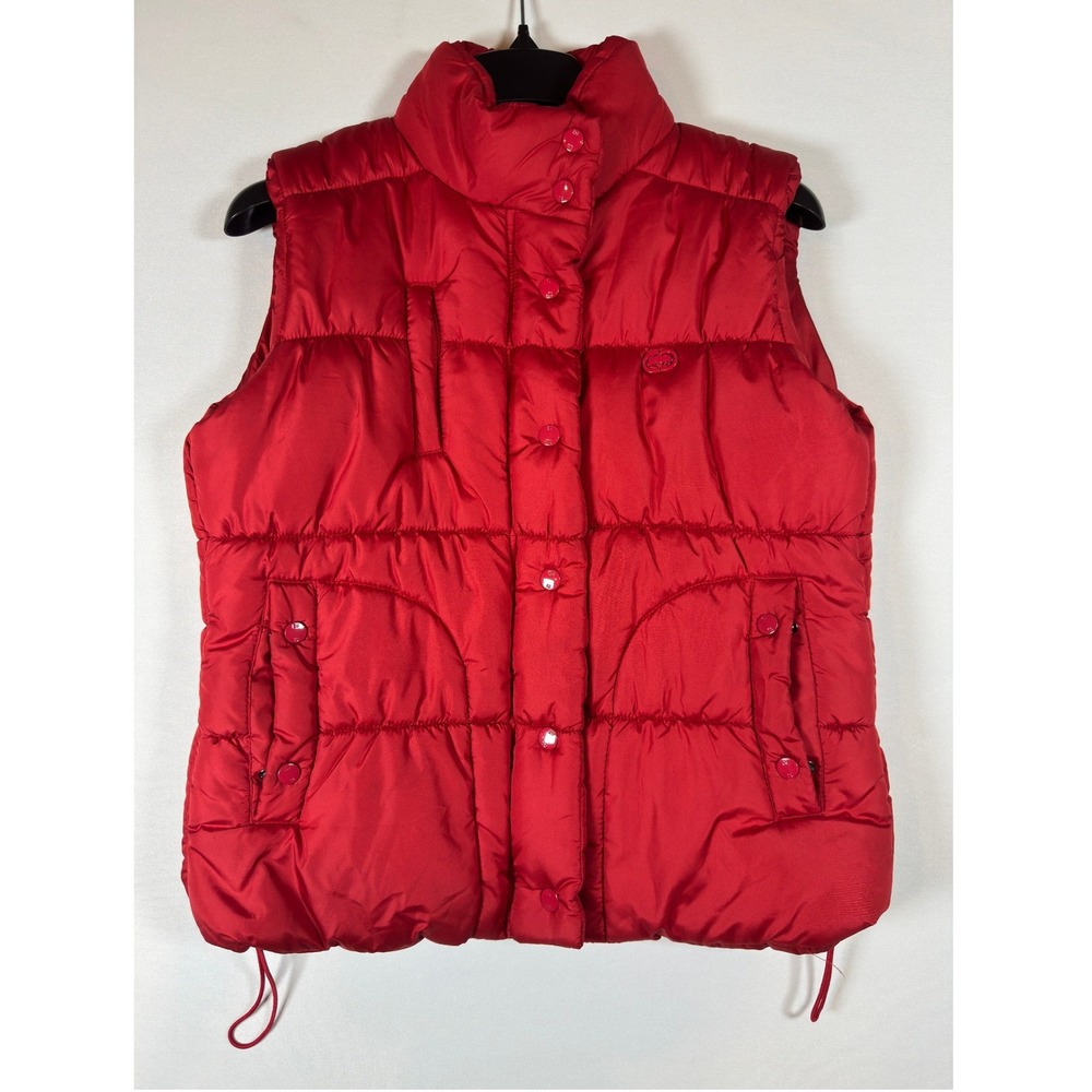 ECKORED Juniors L Red Quilted Puffer Vest Zip Front Snap Placket Y2K Streetwear